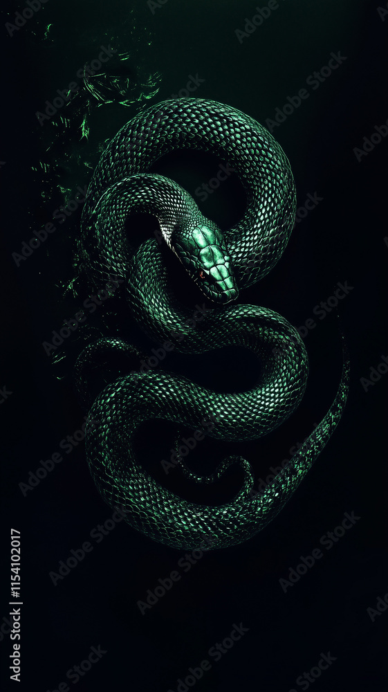 Obraz premium Green snake on a dark background, wallpaper