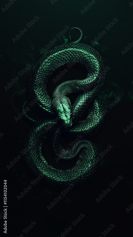 Fototapeta premium Green snake on a dark background, wallpaper