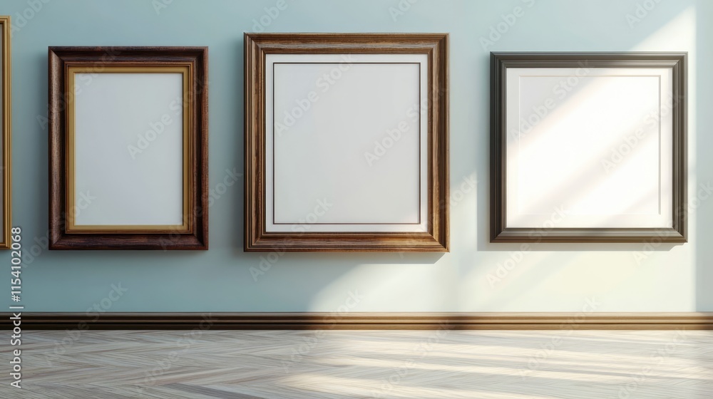 Elegant empty photo frames arranged on a stylish wall creating a classic art gallery atmosphere in bright natural light. Elegant empty photo frames arranged on a stylish wall creating a classic art gallery atmosphere in bright natural light.