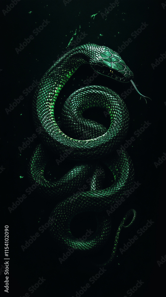 Fototapeta premium Green snake on a dark background, wallpaper