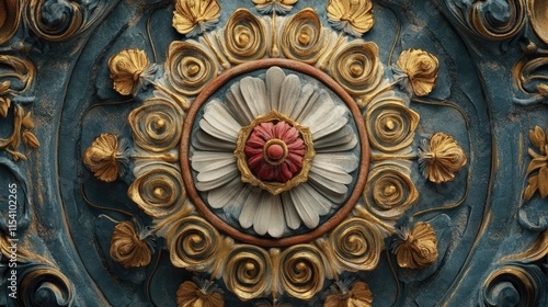 Intricate Ornamental Rosette Design with Floral Motifs in Gold and Blue Background photo