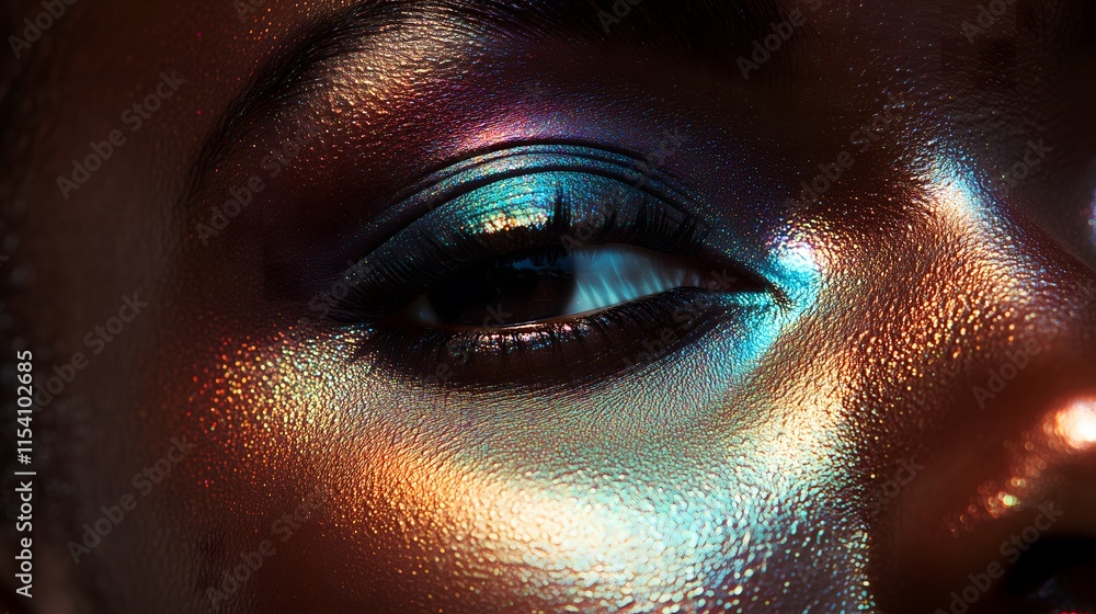 Close up of a black female model's eye with colorful metallic make up. Beauty, fashion, make up concept.
