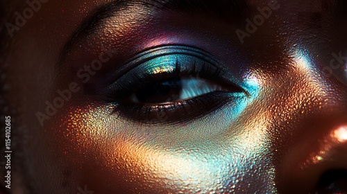 Obraz na płótnie Close up of a black female model's eye with colorful metallic make up. Beauty, fashion, make up concept. w salonie