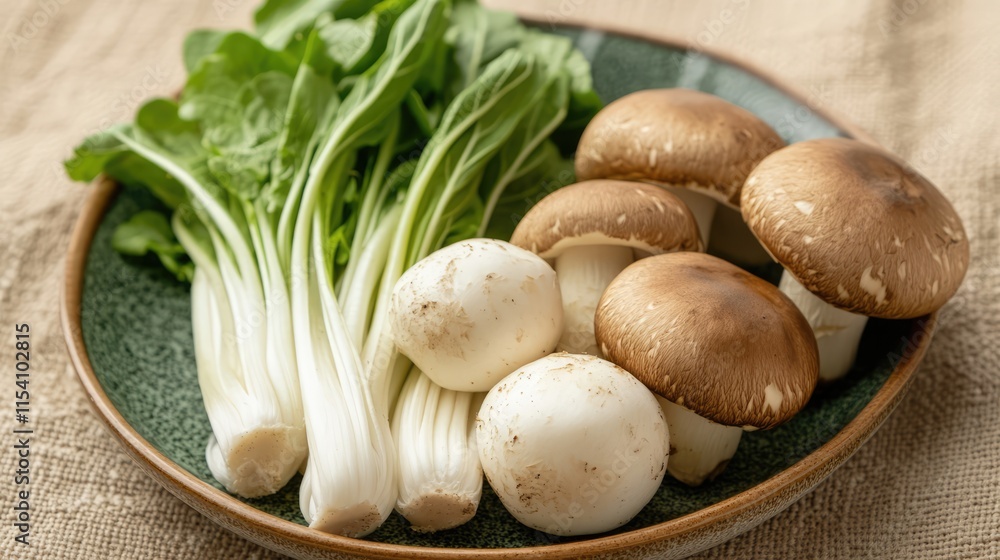 Fresh organic vegetables including mushrooms and greens on a textured beige background ideal for promoting healthy eating and nutrition. Fresh organic vegetables including mushrooms and greens on a textured beige background ideal for promoting healthy eating and nutrition.