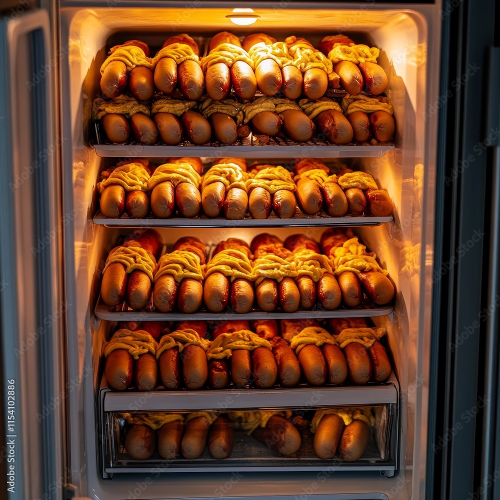 Hot Dogs Organized Neatly in a Refrigerator With Warm Lighting, Showcasing a Large Quantity Ready for Serving at an Event or Gathering Hot Dogs Organized Neatly in a Refrigerator With Warm Lighting, Showcasing a Large Quantity Ready for Serving at an Event or Gathering