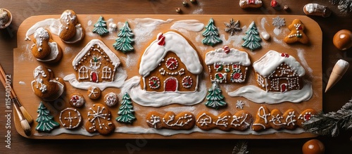 Gingerbread cookies decorated with icing on a wooden table showcasing a winter village scene with festive elements photo