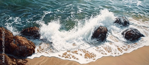 Overhead view of ocean waves crashing on rocky beach creating white foam and ripples against sandy shoreline in natural coastal setting photo