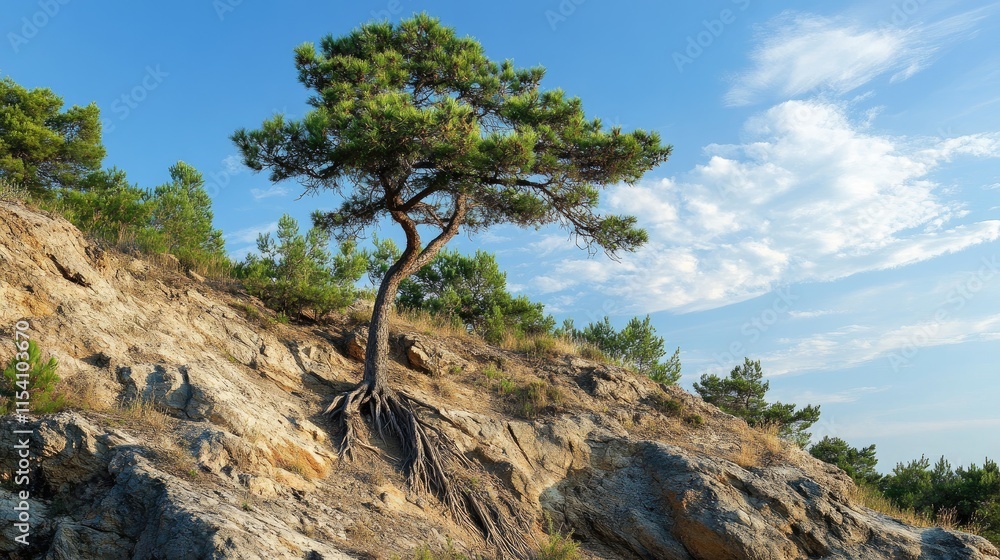 Gnarled pine trees on an eroded slope showcasing ecological challenges and the impact of soil erosion on natural landscapes