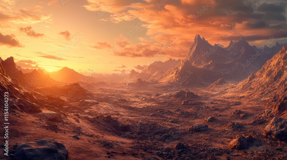 Obraz premium Panoramic view of rocky hillside at sunrise in mountains showcasing vibrant sky and tranquil barren landscape.