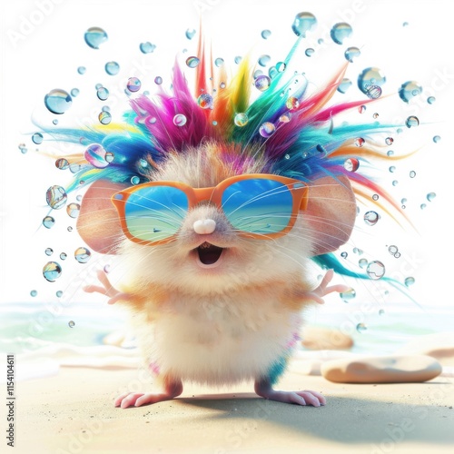 Cute funny hamster with colorful hair enjoying a sunny beach day with bubbles and sunglasses