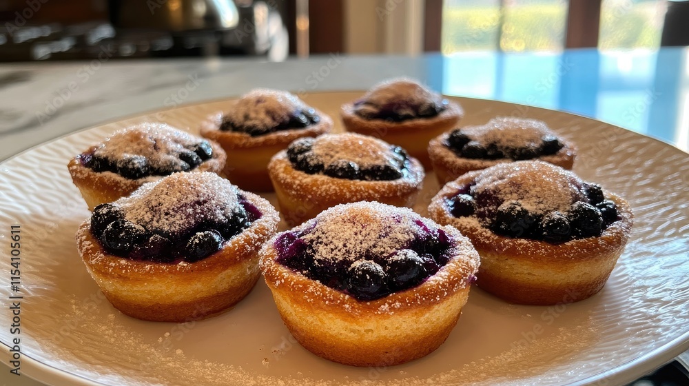 Freshly baked blueberry muffins topped with cinnamon and powdered sugar on a plate in natural light. Freshly baked blueberry muffins topped with cinnamon and powdered sugar on a plate in natural light.