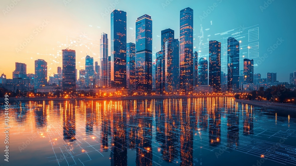Fototapeta premium City Skyline Reflecting on Water at Dusk With Illuminated Buildings and Digital Overlay