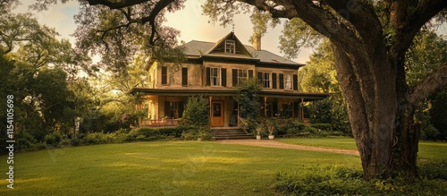 Victorian style old house surrounded by lush greenery under a warm sunset glow showcasing classic architecture and serene landscape photo