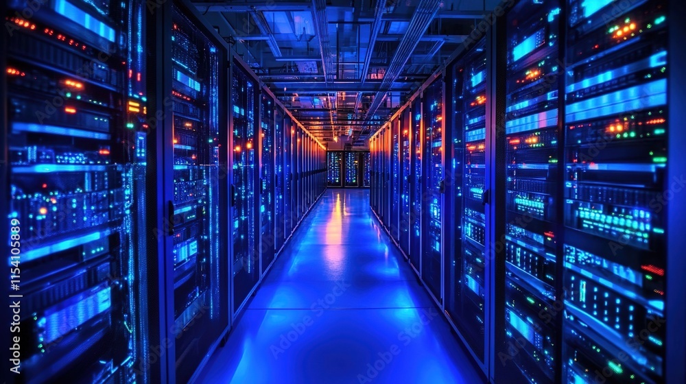 Fototapeta premium A futuristic data center with rows of server cabinets, illuminated by blue lights and holographic projections.