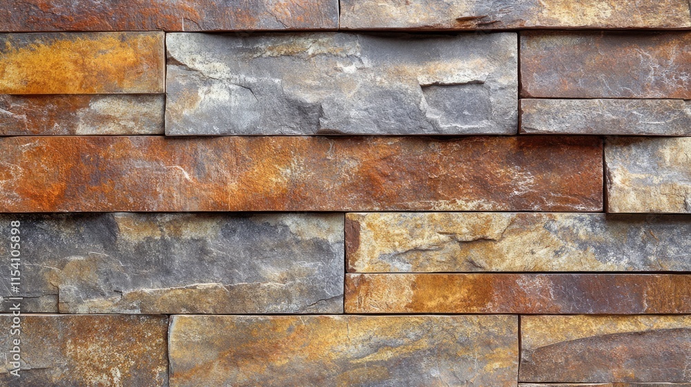 Detailed close-up of textured stone wall featuring earthy tones of gray and orange for architectural or interior design backgrounds Detailed close-up of textured stone wall featuring earthy tones of gray and orange for architectural or interior design backgrounds