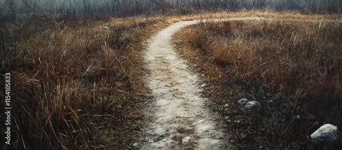 Winding dirt pathway through overgrown grassland on a misty day inviting outdoor exploration and tranquility photo