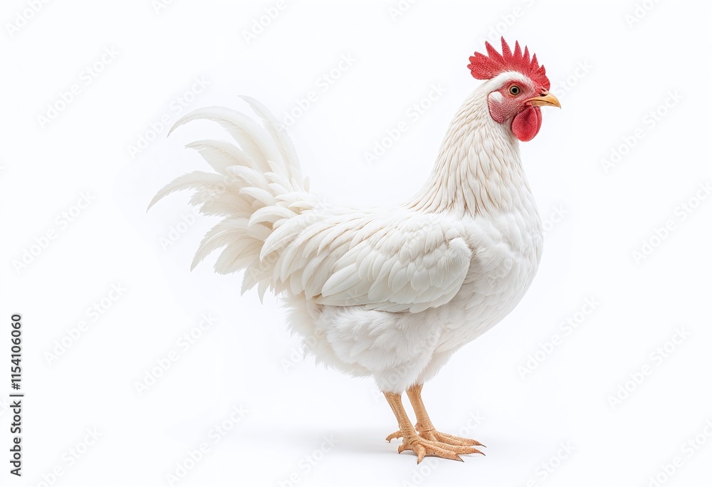 Majestic white rooster standing against a clean white background, showcasing its striking plumage and red comb.