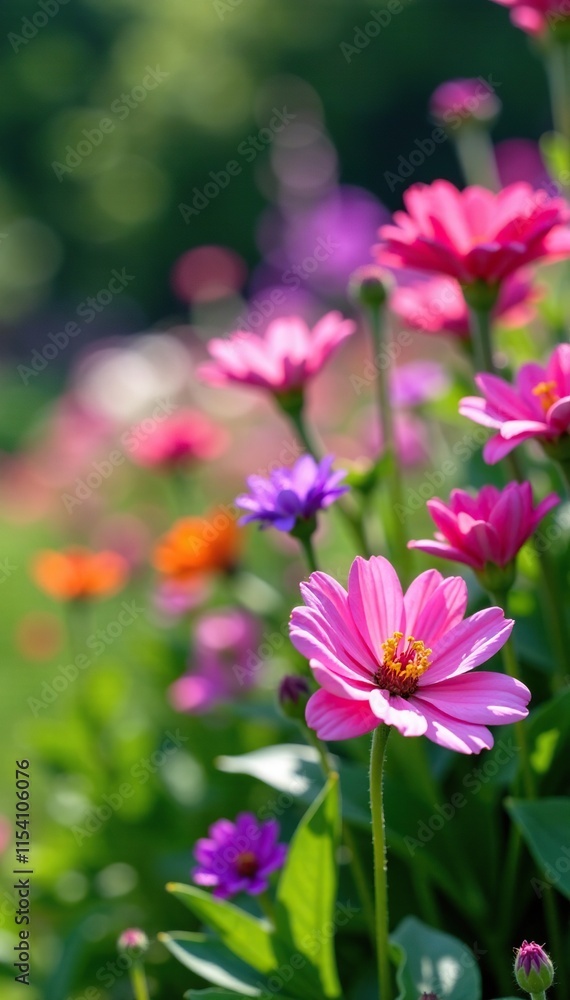 Bright pink and purple flowers in a garden with green grass, garden, flora Bright pink and purple flowers in a garden with green grass, garden, flora