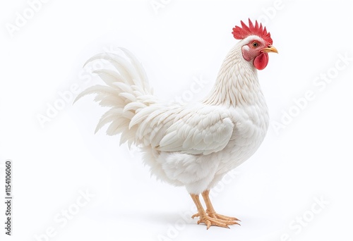 Majestic white rooster standing against a clean white background, showcasing its striking plumage and red comb.
