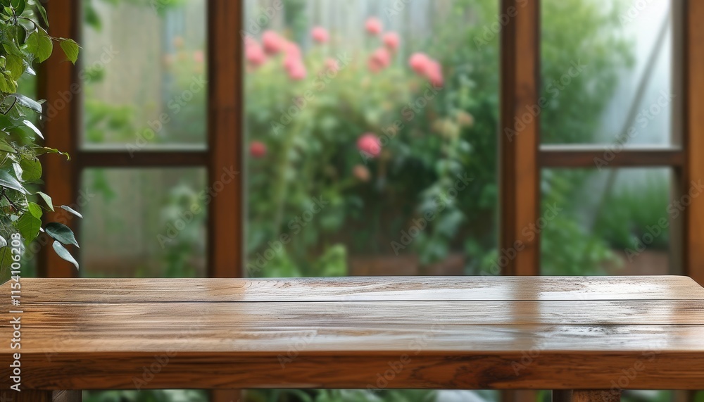 Elegant Wood Table Countertop with Blurred Floral Background in Upscale Setting Elegant Wood Table Countertop with Blurred Floral Background in Upscale Setting
