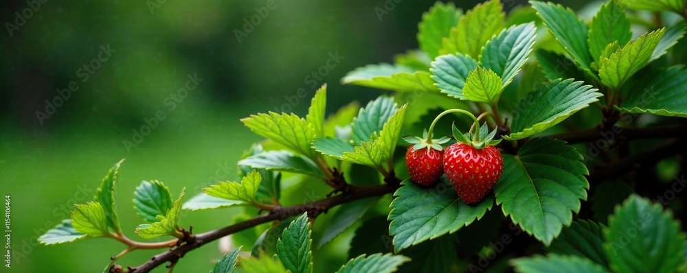 A small strawberry bush nestled in the spruce branches, bush, garden A small strawberry bush nestled in the spruce branches, bush, garden
