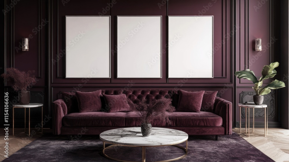 Elegant Maroon Velvet Sofa Living Room Decor Three Frames Elegant Maroon Velvet Sofa Living Room Decor Three Frames