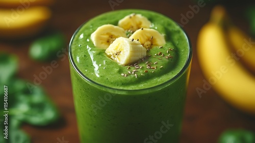 Banana spinach almond milk smoothie vibrant green blend offering a creamy and nutrientdense start to the day closeup photo