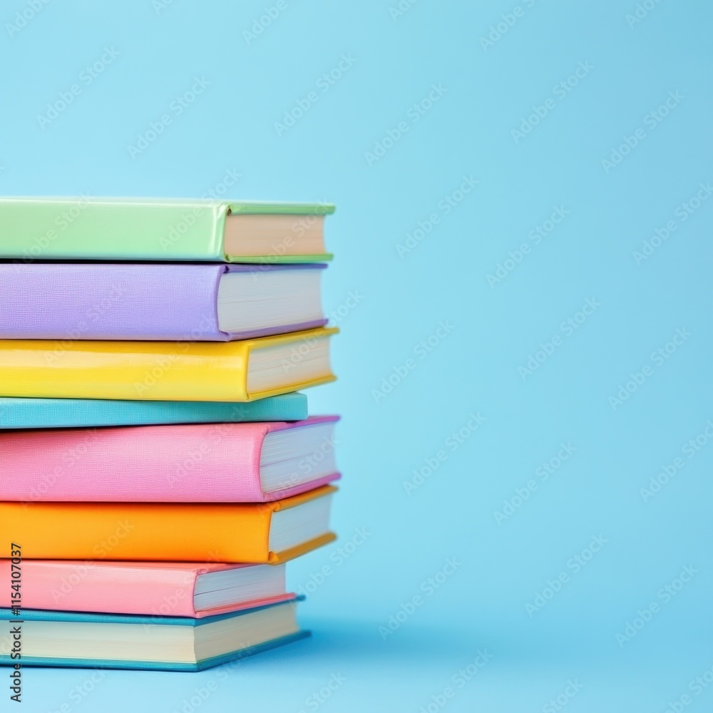 Stack of colorful books on blue background. Stack of colorful books on blue background.