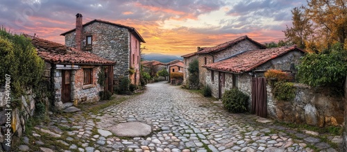 Fototapeta Naklejka Na Ścianę i Meble -  Serene panorama of a picturesque small town featuring cobblestone streets and charming stone architecture at sunset ideal for relaxation.