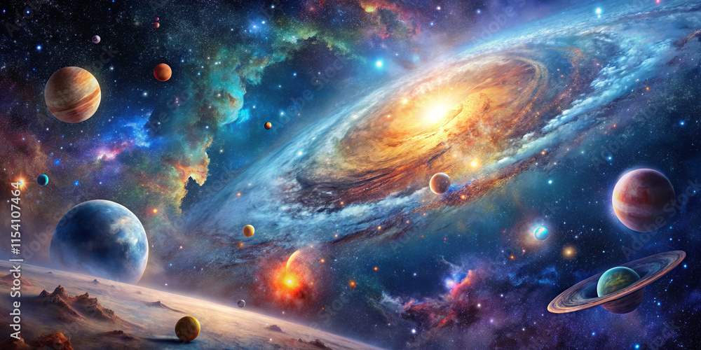 Obraz premium A vast and colorful galaxy showcases bright nebulae and various planets, highlighting the beauty of the universe in a captivating cosmic landscape