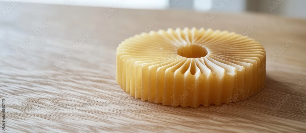 Pasta disc on rustic wooden table showcasing unique shape and texture ideal for culinary or food-related concepts Pasta disc on rustic wooden table showcasing unique shape and texture ideal for culinary or food-related concepts