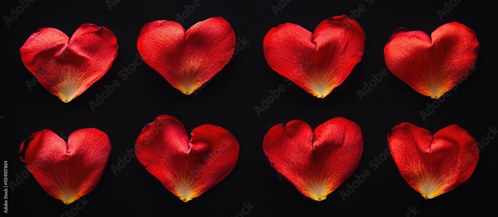 Red heart shapes made from rose petals arranged on a black background ideal for romantic greeting card designs with ample copy space Red heart shapes made from rose petals arranged on a black background ideal for romantic greeting card designs with ample copy space