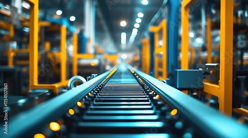 Wallpaper Mural The factory production line features yellow and blue pillars, with a conveyor belt running at high speed in front of it. Torontodigital.ca