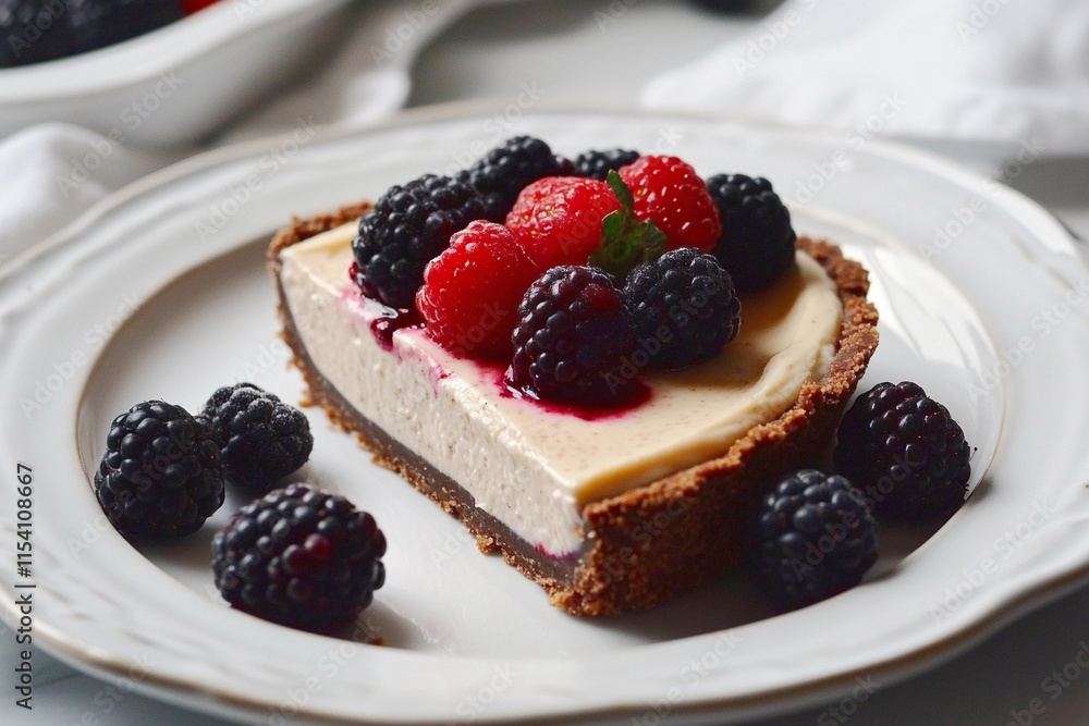 A keto dessert with a slice of almond flour cheesecake topped with fresh berries, indulgent and sugar free A keto dessert with a slice of almond flour cheesecake topped with fresh berries, indulgent and sugar free