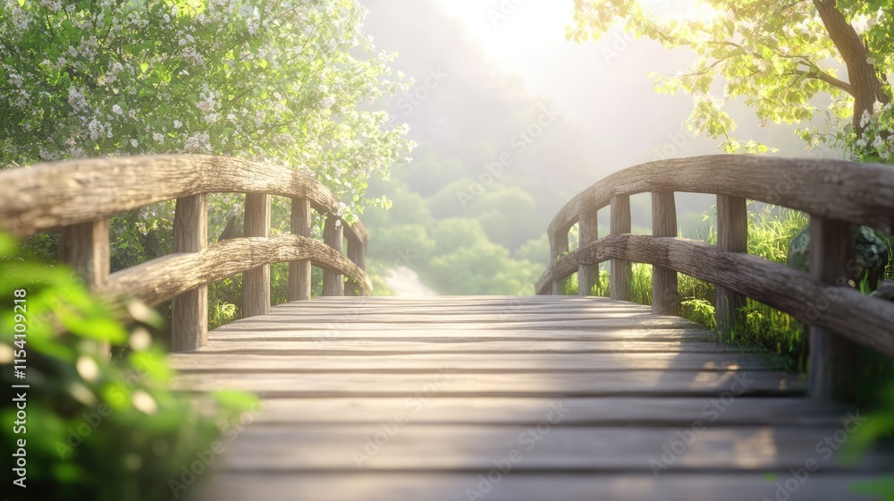 Serene outdoor wooden bridge surrounded by lush greenery in bright sunlight depicting a peaceful natural landscape scene. Serene outdoor wooden bridge surrounded by lush greenery in bright sunlight depicting a peaceful natural landscape scene.
