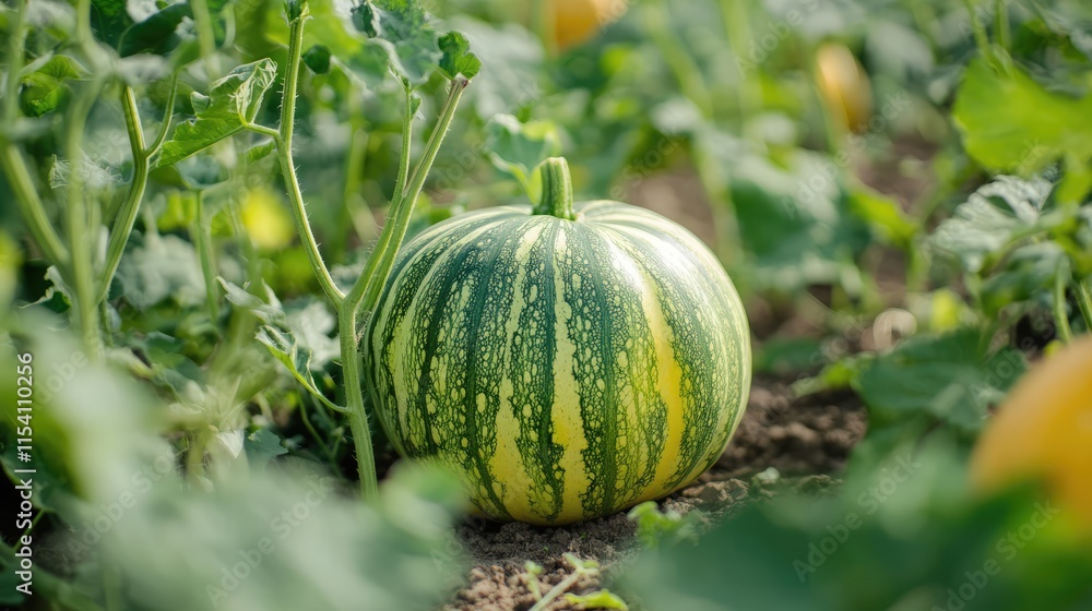 Freshly Harvested Organic Pumpkin Surrounded by Lush Green Leaves in a Vibrant Farm Field Freshly Harvested Organic Pumpkin Surrounded by Lush Green Leaves in a Vibrant Farm Field