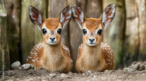 Twin Oribi antelope fawns resting in a natural habitat with soft earth tones and wooden background showcasing wildlife beauty and innocence photo