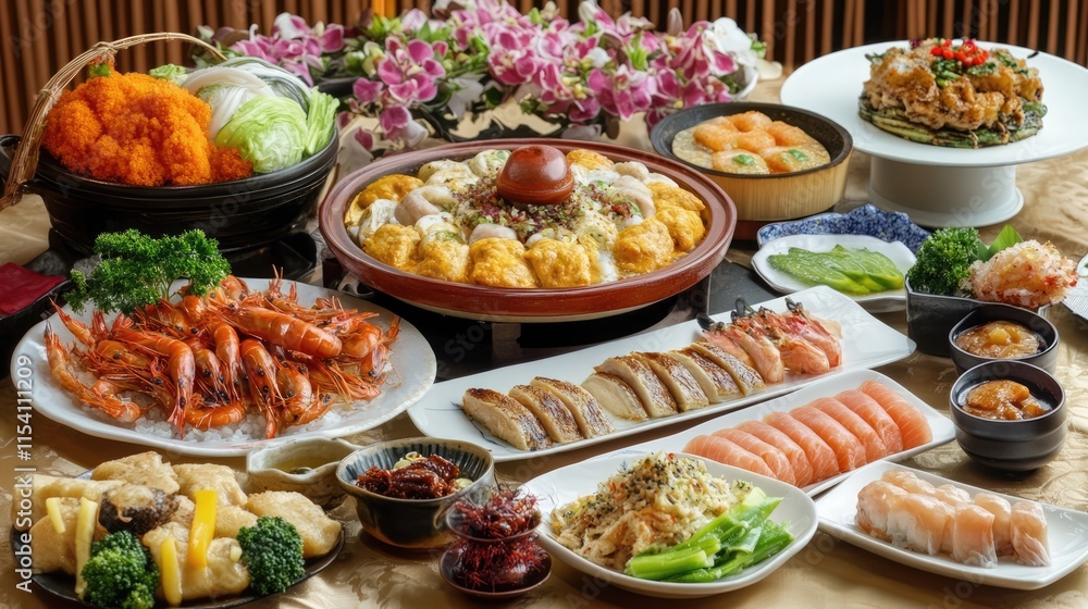 Exquisite Asian cuisine featuring a variety of dishes including seafood, soups, and vibrant vegetables served elegantly on a table. Exquisite Asian cuisine featuring a variety of dishes including seafood, soups, and vibrant vegetables served elegantly on a table.