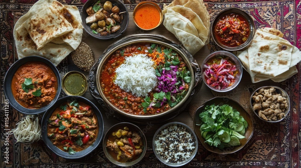 Exquisite spread of traditional Middle Eastern cuisine featuring rice, various dishes, breads, and vibrant garnishes on a decorative table. Exquisite spread of traditional Middle Eastern cuisine featuring rice, various dishes, breads, and vibrant garnishes on a decorative table.