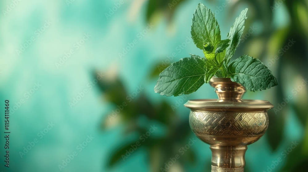 Mint-flavored hookah with fresh mint leaves on a decorative base surrounded by greenery and soft blue backdrop for a relaxing atmosphere Mint-flavored hookah with fresh mint leaves on a decorative base surrounded by greenery and soft blue backdrop for a relaxing atmosphere