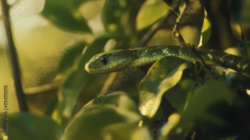 Ahaetulla snake blending into lush green leaves in sunlight showcasing vibrant colors and natural habitat environment photo