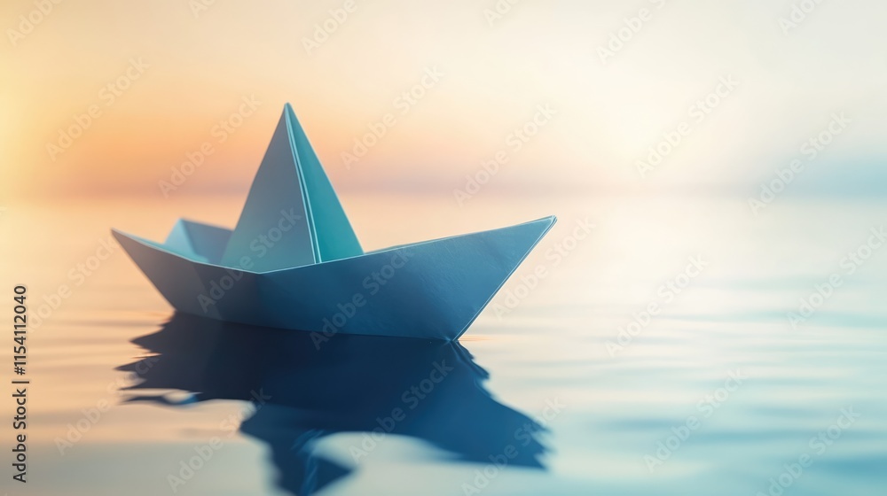 Origami paper sailboat floating on calm water with soft pastel background and serene ambiance showcasing creativity and tranquility Origami paper sailboat floating on calm water with soft pastel background and serene ambiance showcasing creativity and tranquility