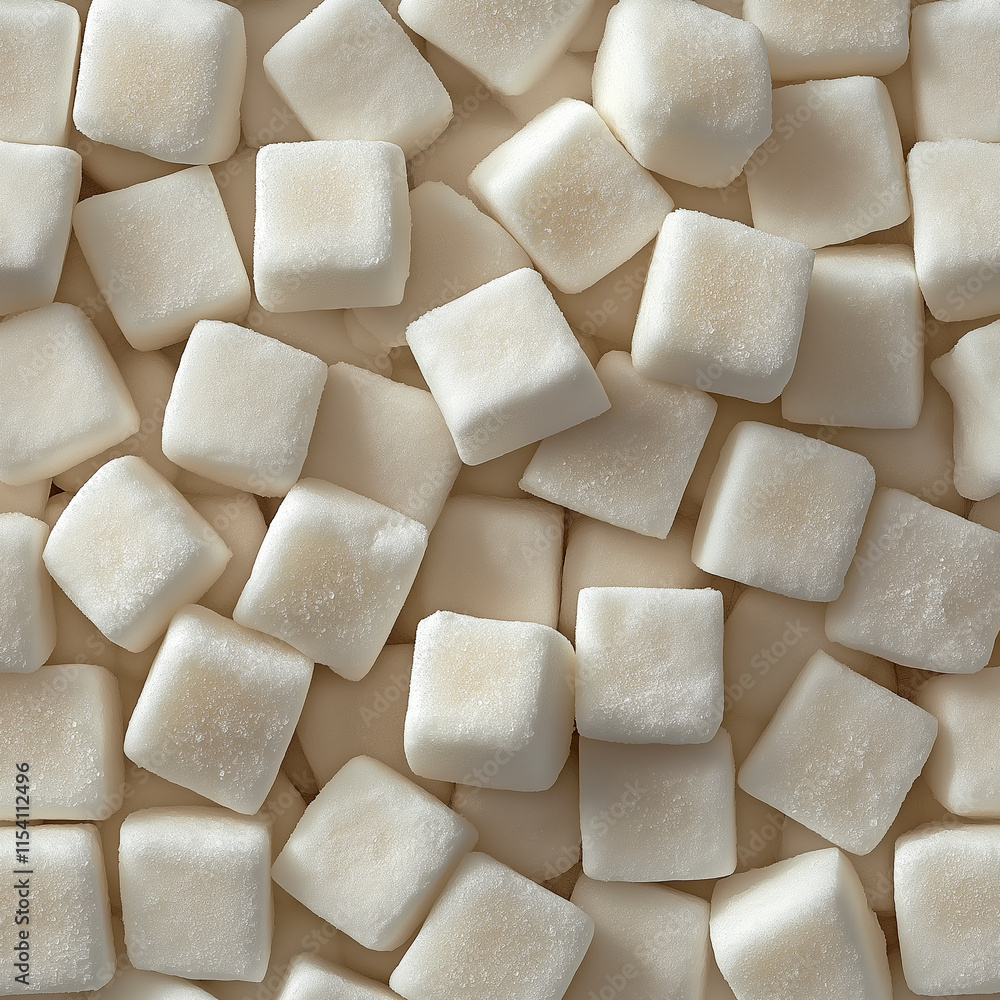 Close-up of white square-shaped candies forming a textured background, highlighting their soft, smooth, and uniform appearance Close-up of white square-shaped candies forming a textured background, highlighting their soft, smooth, and uniform appearance