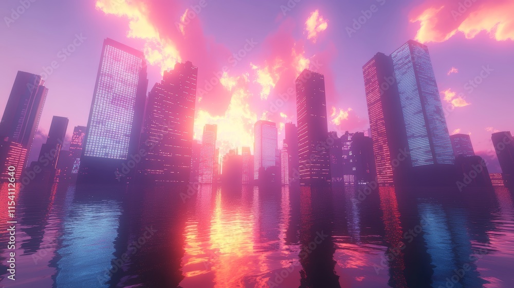 Sunset Over a Futuristic City Skyline Reflecting in Calm Waters Creates a Serene Atmosphere and Vibrant Colors at Dusk