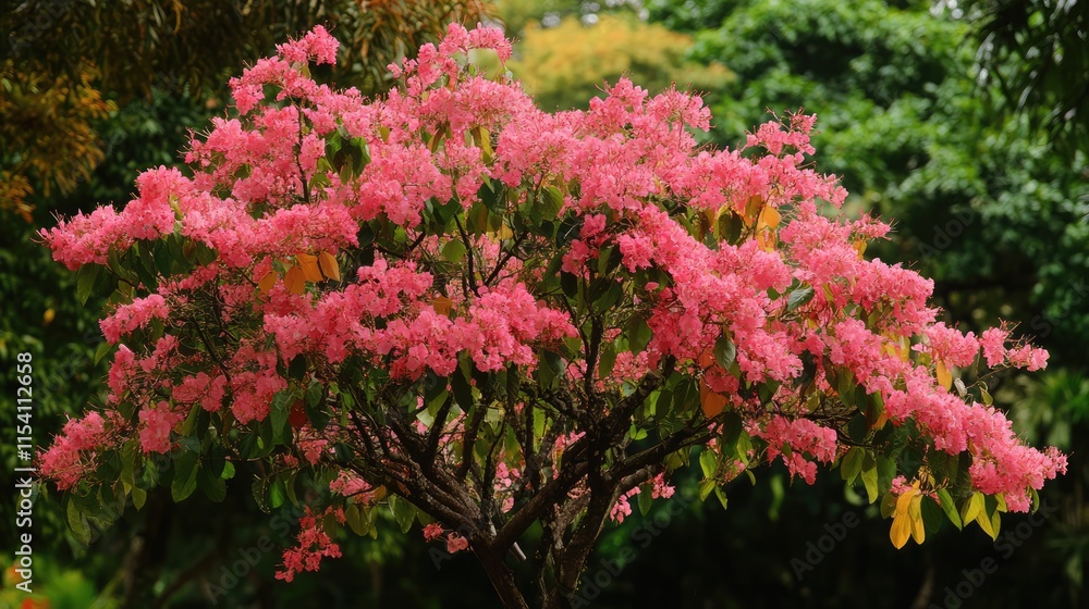 Tropical flowering shrub with vibrant pink blossoms and lush foliage in natural setting showcasing its genetic characteristics Tropical flowering shrub with vibrant pink blossoms and lush foliage in natural setting showcasing its genetic characteristics