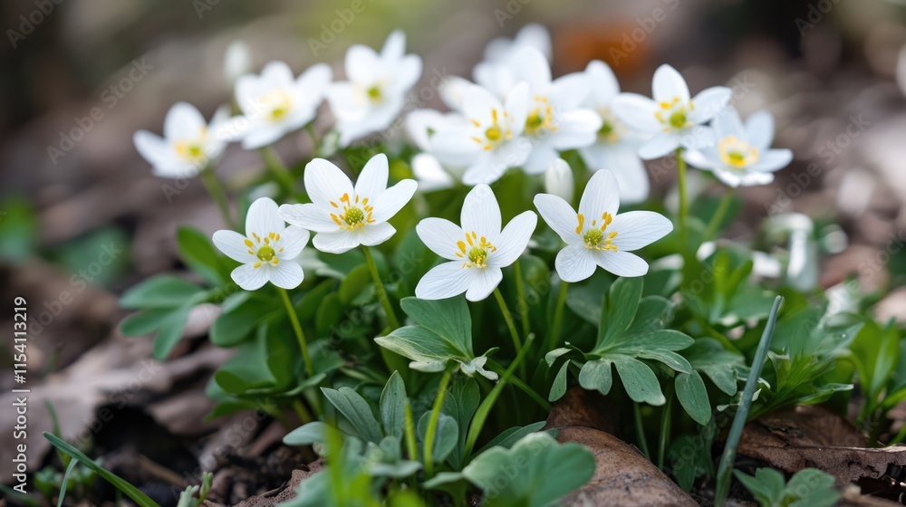 Fresh ornamental flowers blooming in springtime amidst green foliage and fallen leaves in a natural setting Fresh ornamental flowers blooming in springtime amidst green foliage and fallen leaves in a natural setting
