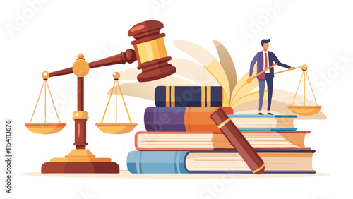 Law and Justice Illustration with Scales, Hammer, and Books .Modern Jurisdiction Illustration with Justice Symbols in Editable Vintage Style