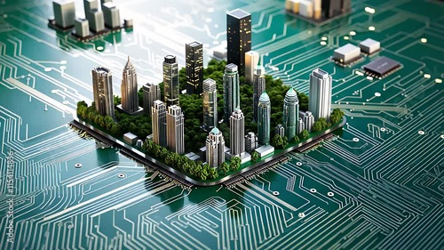 Miniature Cityscape Integrated into a Circuit Board Depicting Futuristic Urban Design and Technology Concepts

 photo