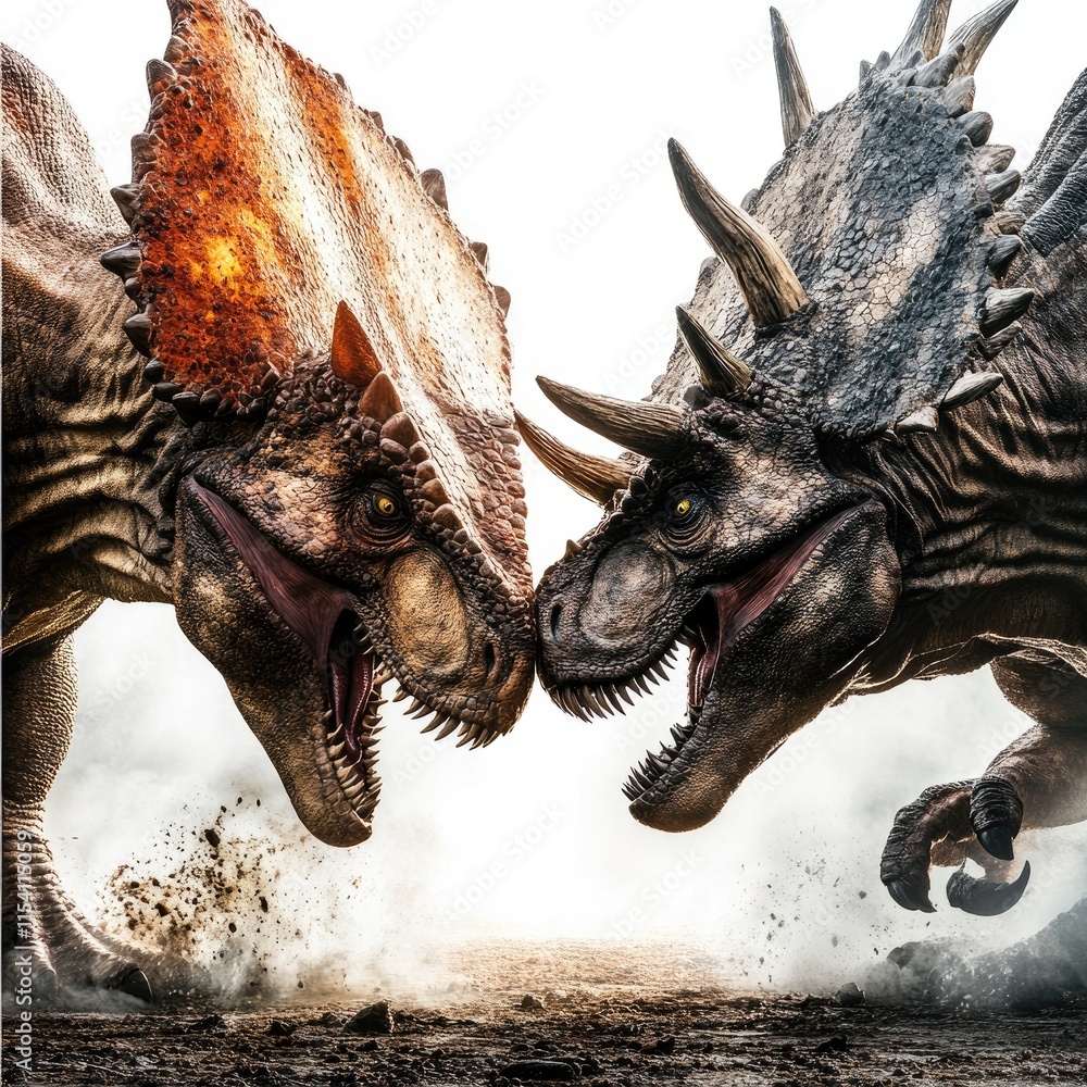 Two fierce dinosaurs facing each other in a dramatic showdown. Two fierce dinosaurs facing each other in a dramatic showdown.
