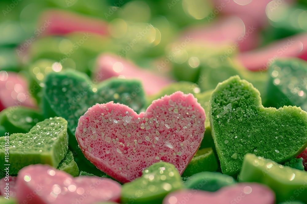 Εκτύπωση καμβά Close up of pink and green heart shaped candies covered in sugar crystals, evoki